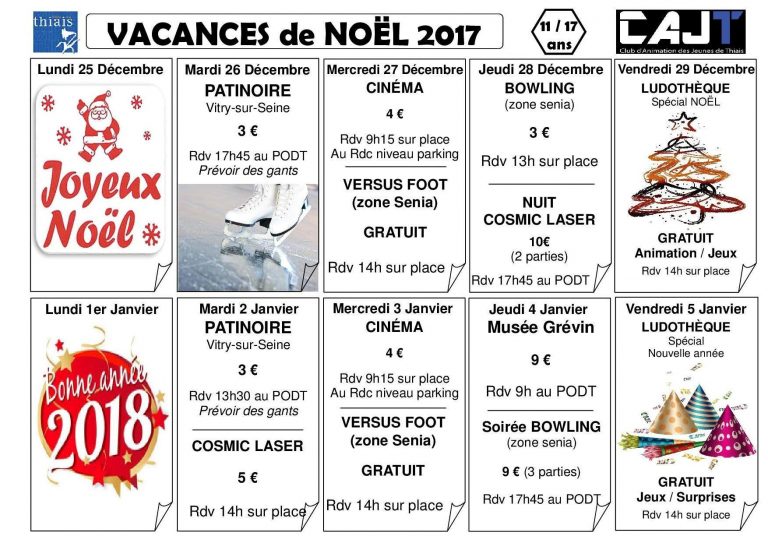 Programme Tv Du Vendredi 3 Décembre 2021 Planning Vacances de Noël 2017 - Club d'Animation des Jeunes de Thiais